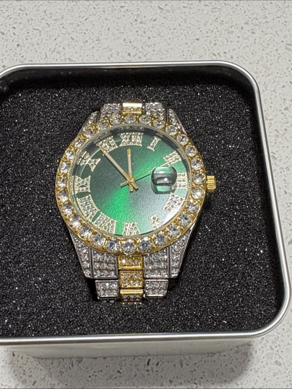 Men's Green Dial Gold & Silver Crystal Bracelet Watch